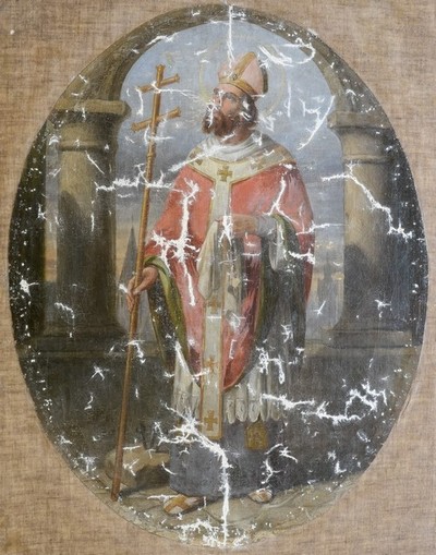 Medaillon uit het processievaandel (gilde van H. Macharius, Laarne) tijdens restauratie